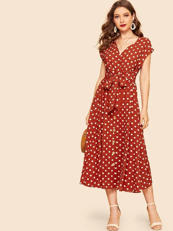  70s Self Tie Polka-dot Midi Dress