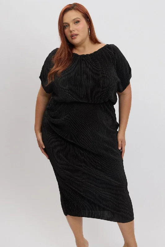 Black Asymmetric Plisse Midi Dress