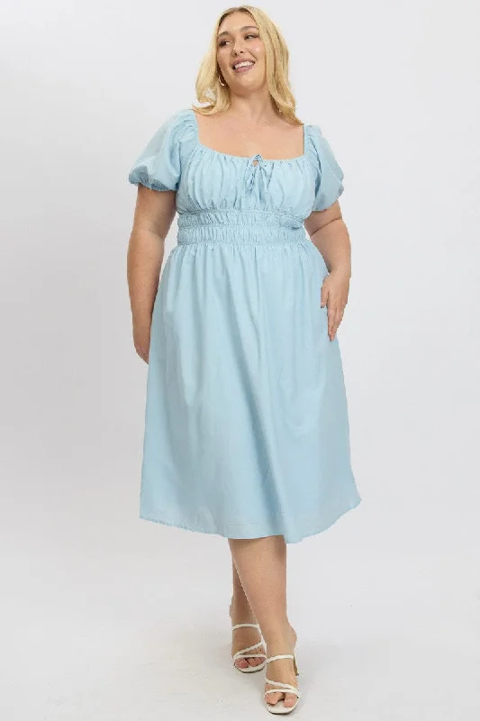 Blue Midi Dress Short Sleeve Ruched Bust