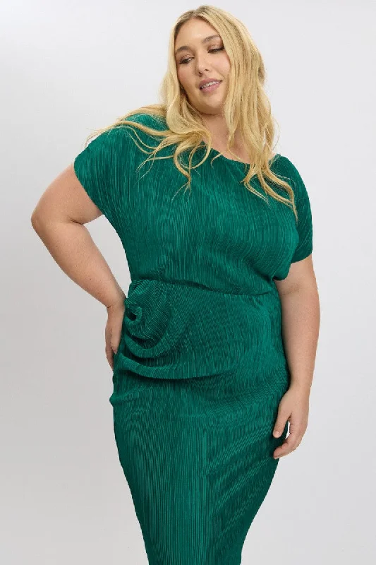 Green Asymmetric Plisse Midi Dress