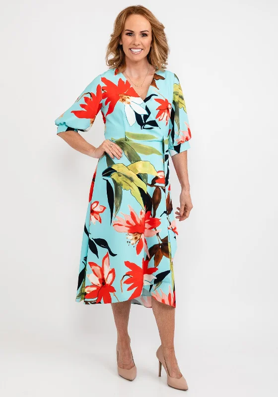 Kate Cooper Floral Faux Wrap Dress, Turquoise Multi