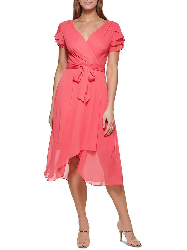 Petites Womens Ruffled Sheer Wrap Dress