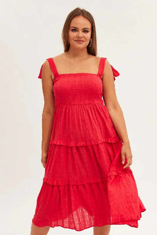 Red Maxi Dress Sleeveless Shirred Tiered