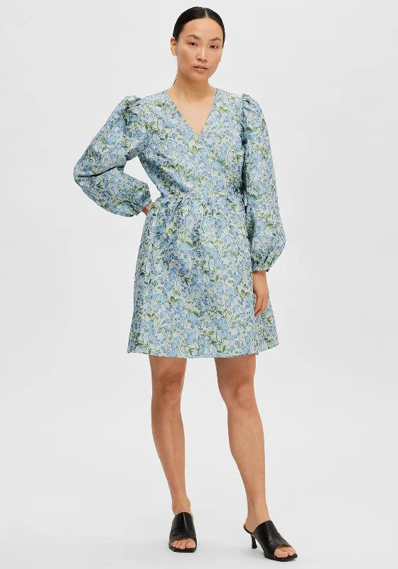 Selected Femme Aliana Floral Wrap Dress, Blue Heron