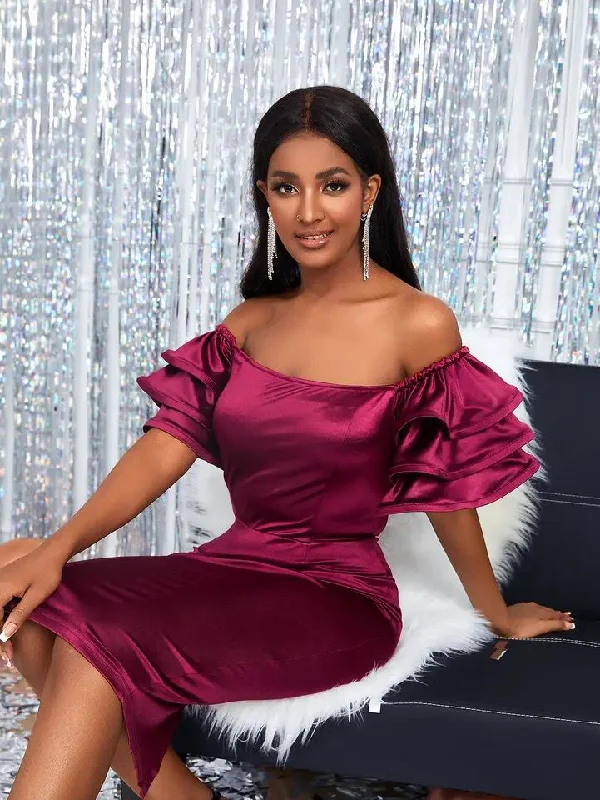 Women Satin Party Dress Slash Neck Short Puff Sleeve Shoulder Bodycon Clubwear Summer Event S4653623 Women Satin Party Dress Slash Neck Short Puff Sleeve Shoulder Bodycon Clubwear Summer Event S4653623