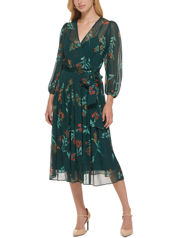 Womens Chiffon Floral Wrap Dress
