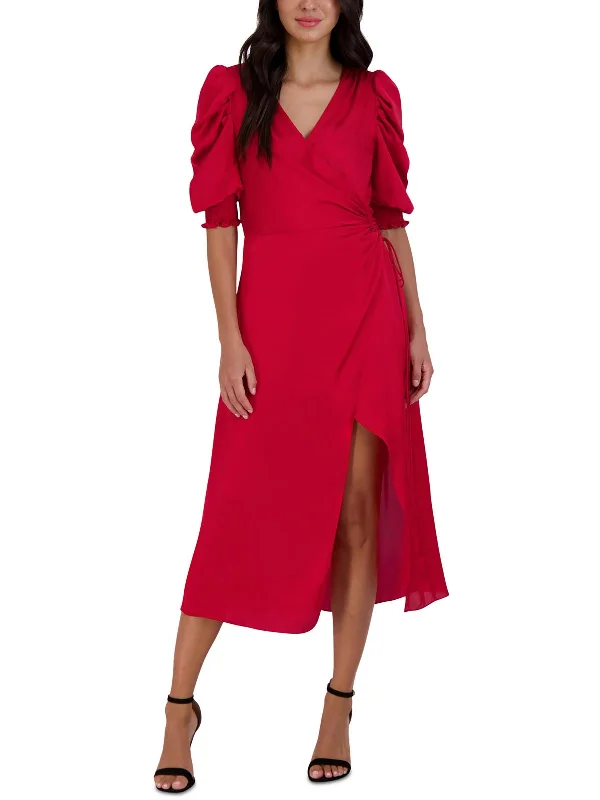 Womens Satin Surplice Wrap Dress