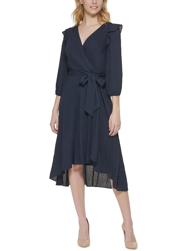 Womens Textured Mid Calf Wrap Dress