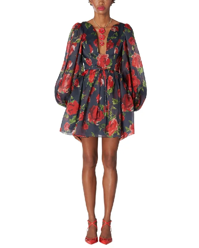 Carolina Herrera Balloon Sleeve Deep U Silk Mini Dress