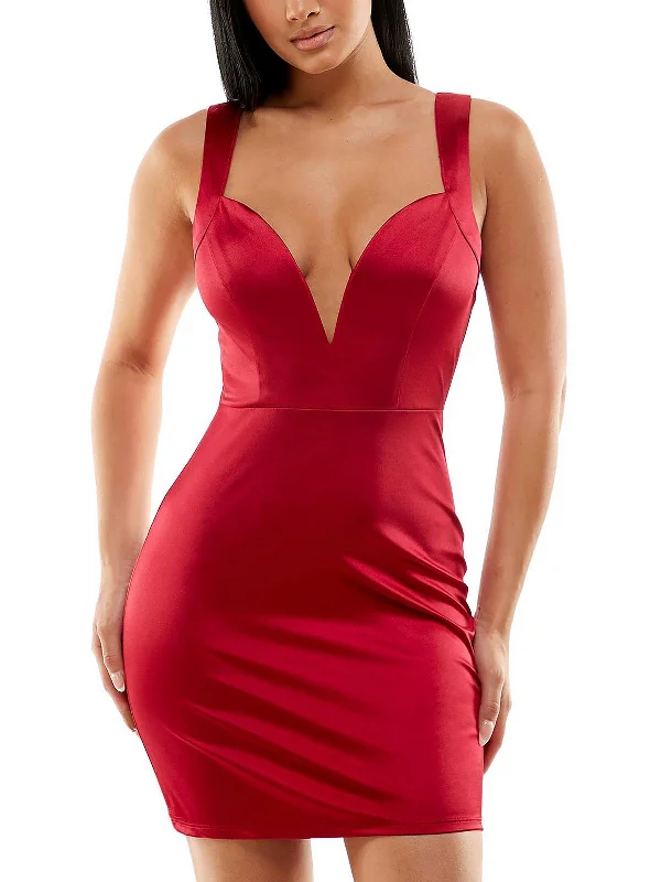 Juniors Womens Satin Plunge-Neck Mini Dress