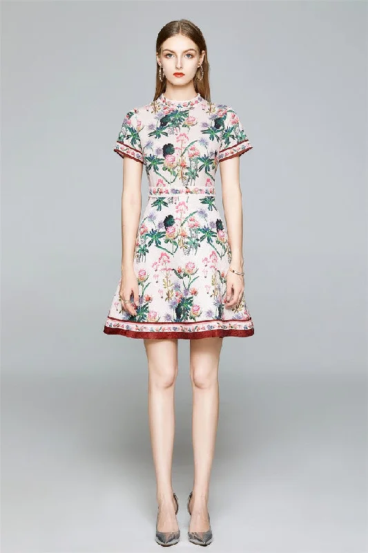 Multicolor Day A-line Short Sleeve Mini Printed Dress