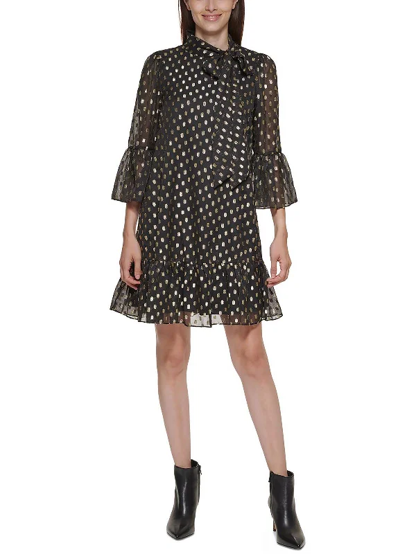 Petites Womens Metallic Mini Shift Dress
