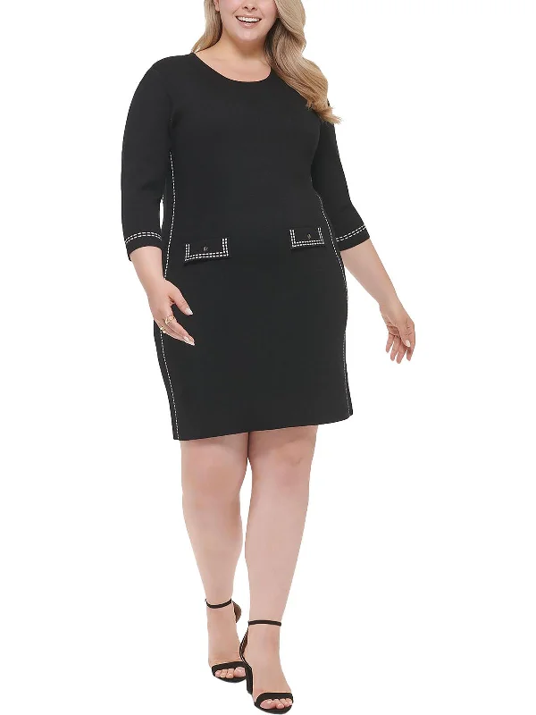 Plus Womens Contrast Trim Mini Sweaterdress