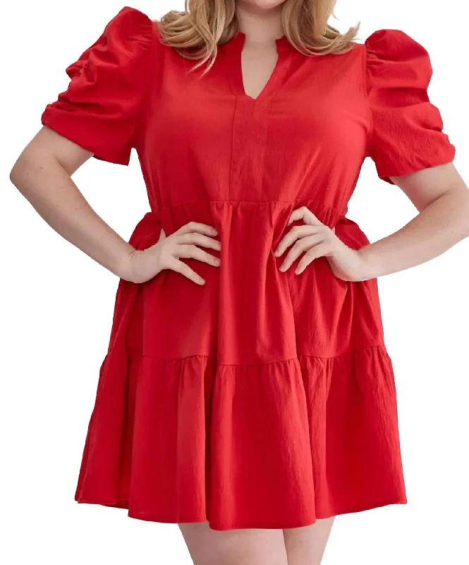 Puff Sleeve Mini Dress In Red