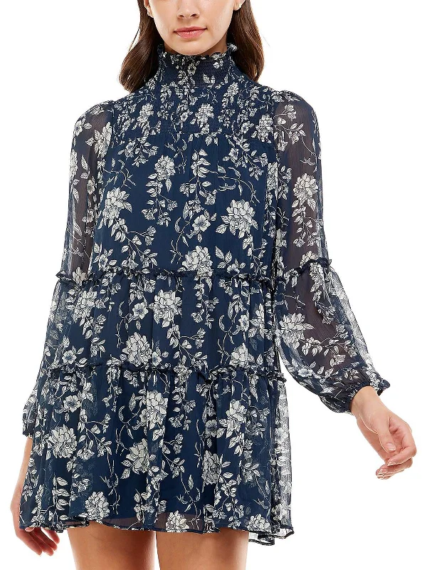 Womens Floral Print Mockneck Mini Sheath Dress