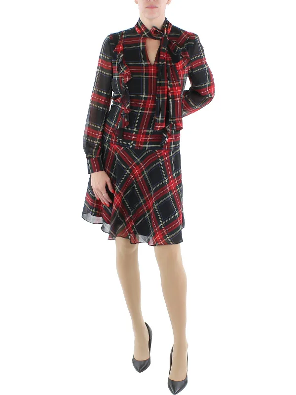 Womens Tartan Plaid Drop-Waist Wear to Work Dress