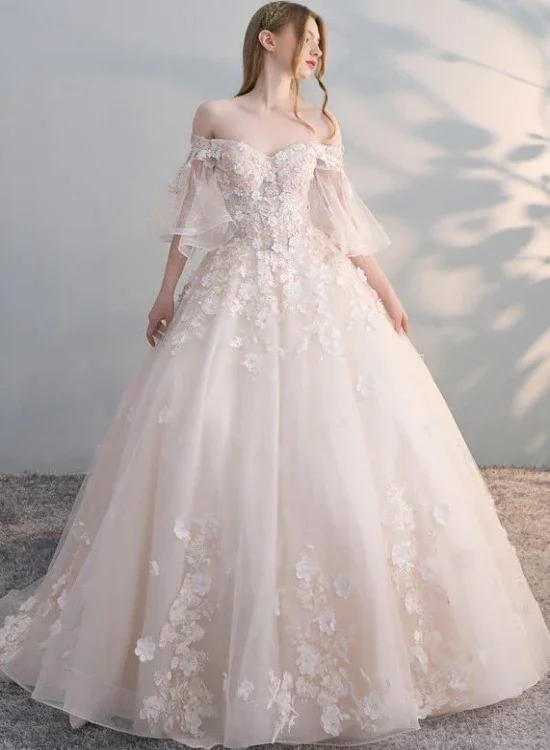 Charming Flowers Lace Off Shoulder Ball Gown Wedding Party Dress, Tulle Long Prom Dress gh2128 Charming Flowers Lace Off Shoulder Ball Gown Wedding Party Dress, Tulle Long Prom Dress gh2128