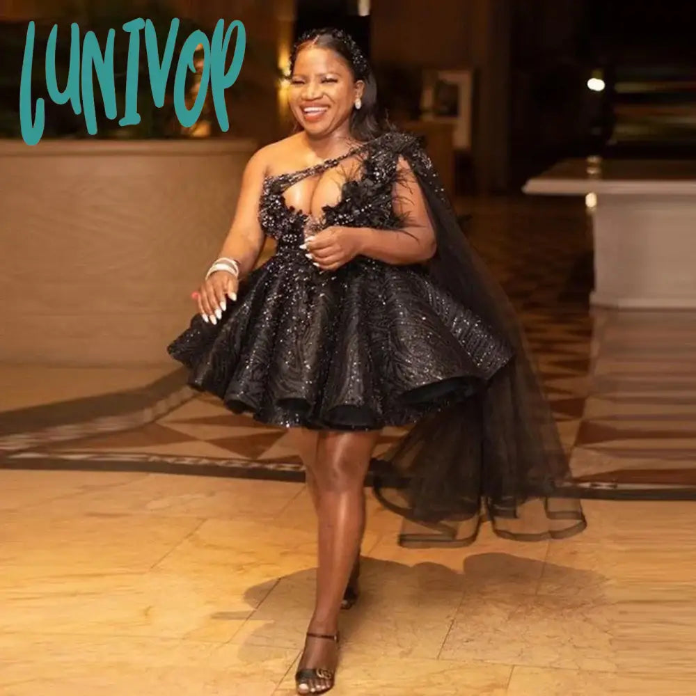 Lunivop Black Lace Short Prom Dresses One Shoulder Puffy Evening Gowns Black Girls Formal Occasion Party Dress Above Knee Wedding Dress