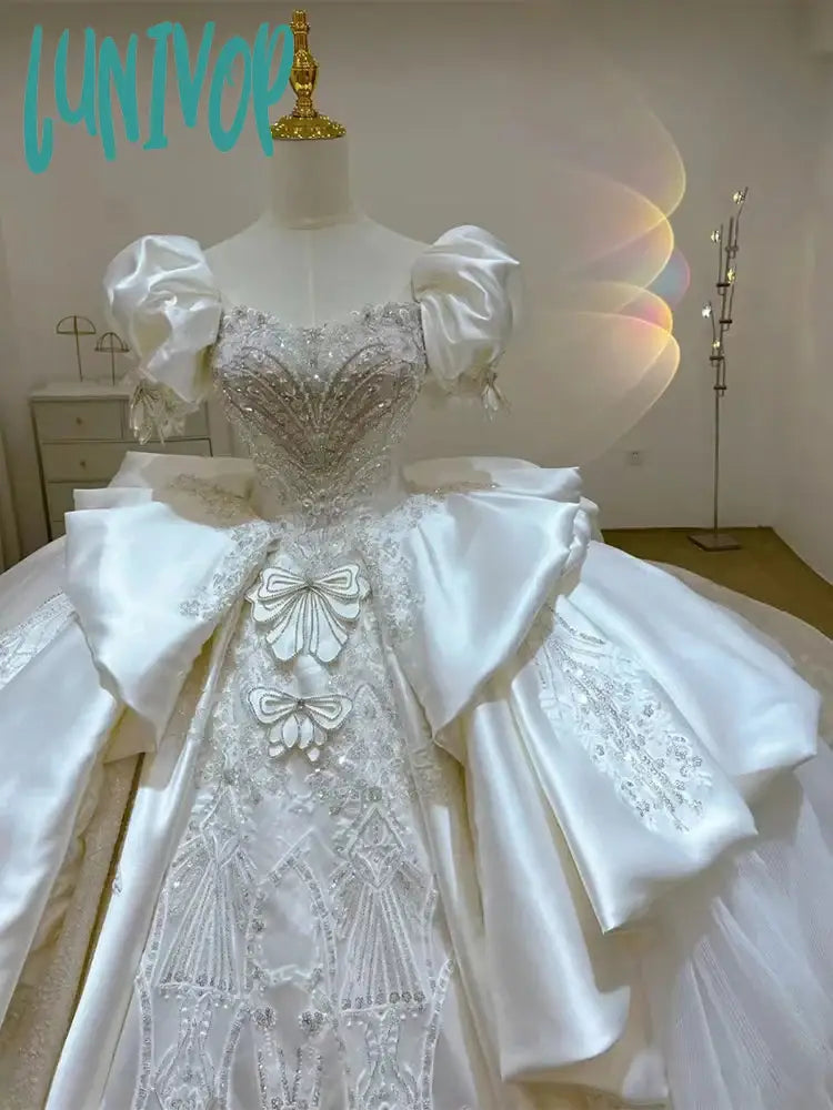 Lunivop Girls One Shoulder Main Wedding Dress New Bride Large Tail V-Neck French Heavy Industry Palace Style Satin Puffed Sleeve Suit