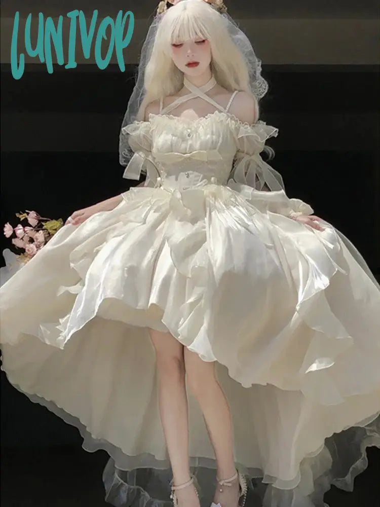 Lunivop White Flower For Bride Generate Colorful Wedding Dress Cos Lolita Dress Suit Heavy Industry Trail Pure White Girl Princess Dress
