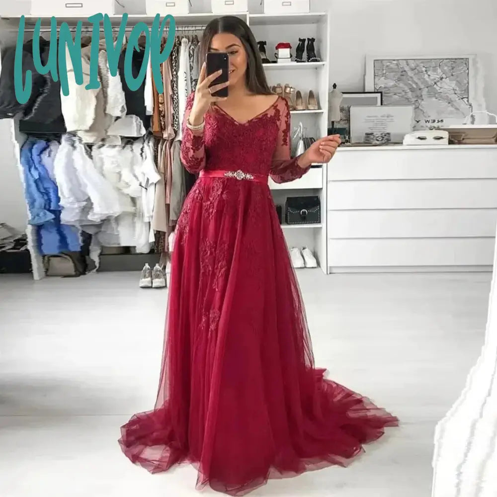 Lunivop Wine Red Prom Dresses 2024 A Line V Neck Lace Applique Long Sleeves Women Formal Evening Party Gowns Wedding robes de soirée Lunivop Wine Red Prom Dresses 2024 A Line V Neck Lace Applique Long Sleeves Women Formal Evening Party Gowns Wedding robes de soirée