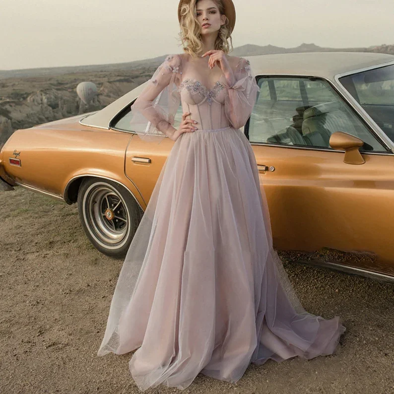 Sweetheart Neckline Lilac Tulle A-line Exposed Boning Wedding Dress Long Sleeves with 3D Flowers Bridal Dress gh2642 Sweetheart Neckline Lilac Tulle A-line Exposed Boning Wedding Dress Long Sleeves with 3D Flowers Bridal Dress gh2642