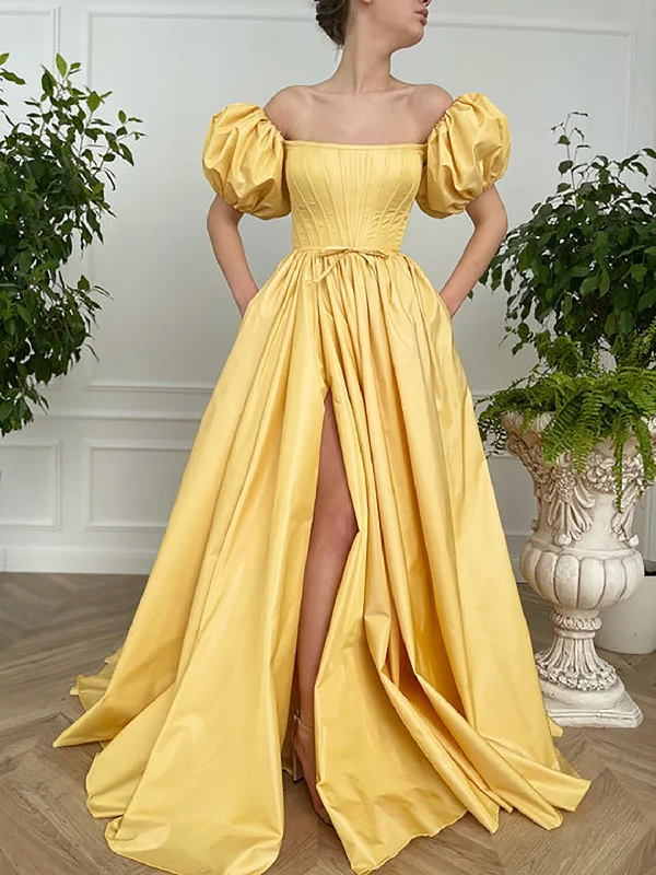 Vintage Fairy Corset Dress, A line Straight Long Yellow Taffeta Prom Dress Ball Gown, Short Sleeve Wedding Ball Gown Prom Dress with Slit gh2420 Vintage Fairy Corset Dress, A line Straight Long Yellow Taffeta Prom Dress Ball Gown, Short Sleeve Wedding Ball Gown Prom Dress with Slit gh2420